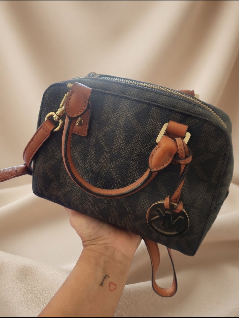 Michael Kors Dark Brown Logo Crossbody Satchel with Tan Trim